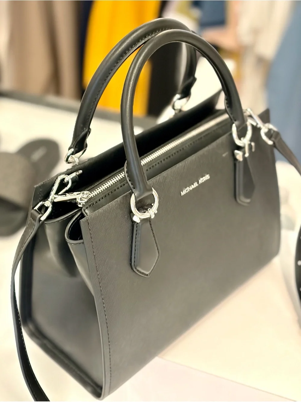 Michael Kors Marilyn Medium Saffiano Leather Satchel Crossbody Bag Black